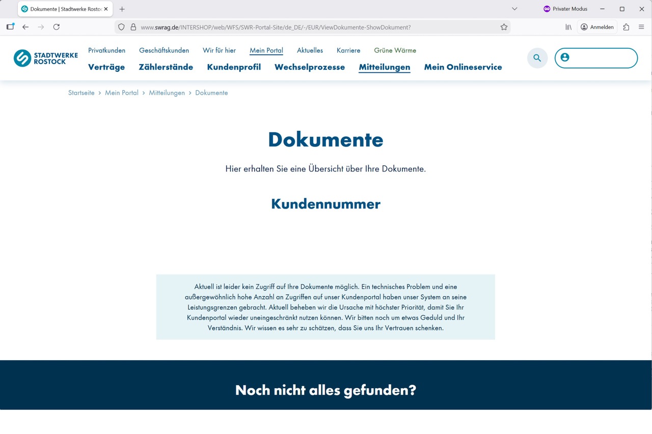 Stadtwerke Rostock: Massive Probleme beim Kundenportal (Screenshot, Stadtwerke Rostock Website)