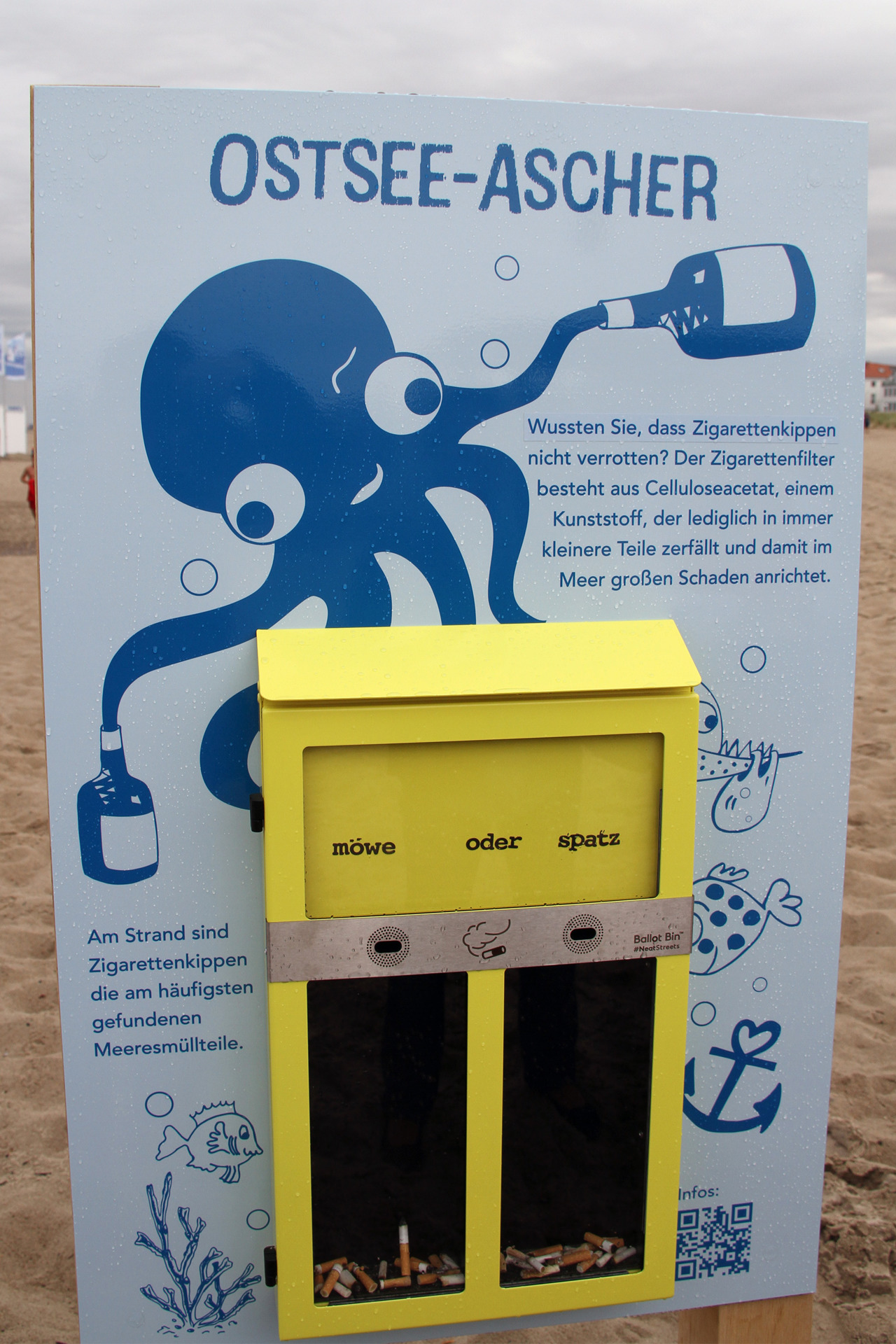 Die Ostsee-Ascher am Strand von Warnemünde bieten Platz für rund 500 Kippen