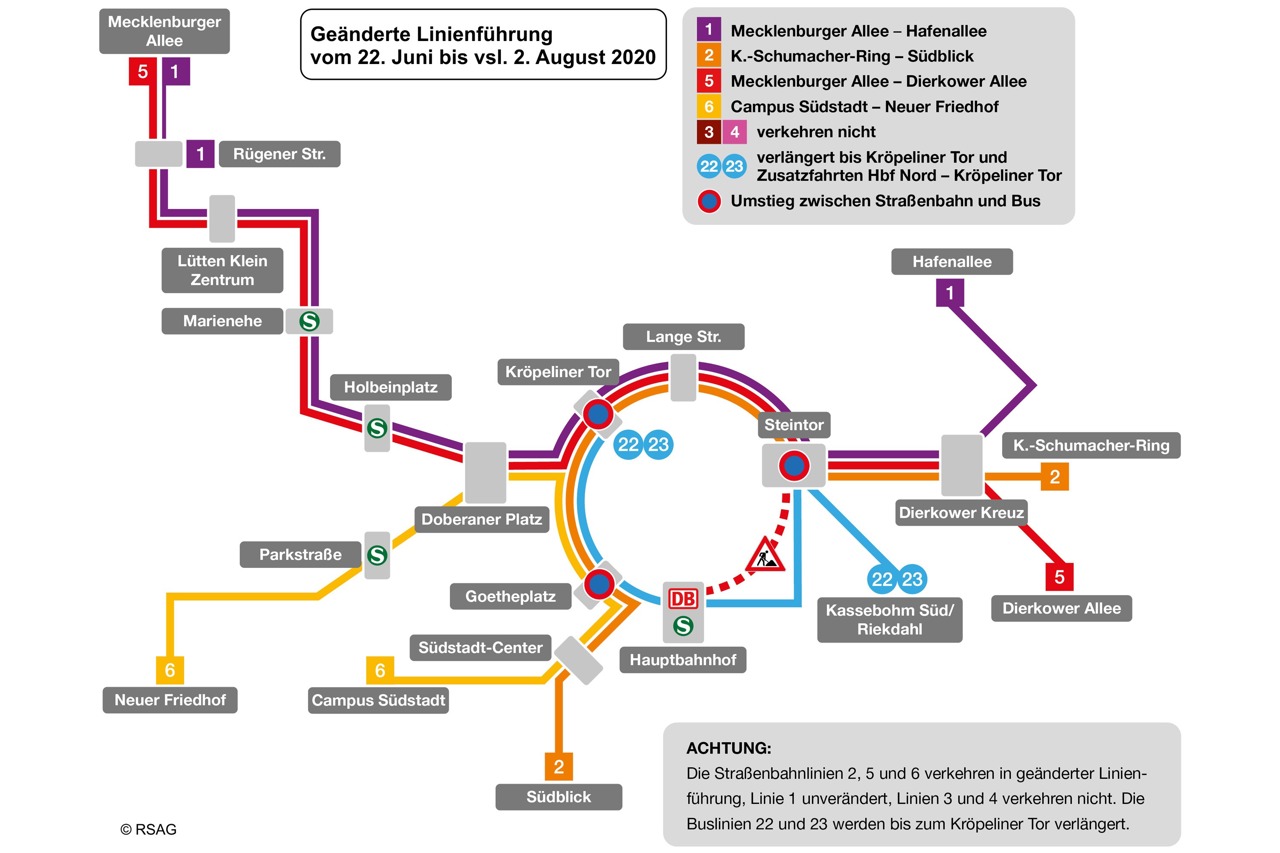 Gleiserneuerung in der Rosa-Luxemburg-Straße: Linienänderungen ab 22. Juni 2020 (Quelle: RSAG)