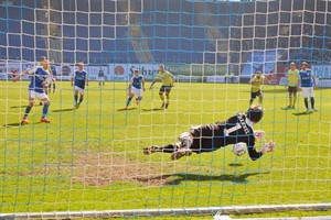 Aue-Torhüter Martin Männel kann den von Hansa-Stürmer Freddy Borg flach getretenen Elfmeter problemlos parieren Aue-Torhüter Martin Männel kann den von Hansa-Stürmer Freddy Borg flach getretenen Elfmeter problemlos parieren
