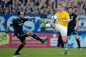 Johan Plat (Hansa Rostock) traf in der 21. Minute gegen Babelsberg nur die Latte