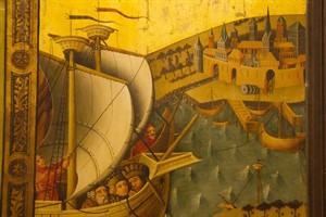 Ein bedeutendes Detail vom linken Seitenflügel des Rostocker Dreikönigsaltars: Die Heiligen Drei Könige machen sich auf den Weg, im Hintergrund die älteste Stadtansicht Rostocks. Ein bedeutendes Detail vom linken Seitenflügel des Rostocker Dreikönigsaltars: Die Heiligen Drei Könige machen sich auf den Weg, im Hintergrund die älteste Stadtansicht Rostocks.