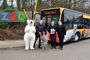 Der Zoo auf Reisen - der neue RSAG-Bus wird nicht zu übersehen sein. Zoodirektor Udo Nagel (v.li.) und die RSAG-Vorstände Michael Schroeder und Jan Bleis tauften heute den Zoo-Bus mit Zwergesel und Zoo-Maskottchen Otto Eisbär (Foto: Joachim Kloock)