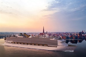 Für den Rostocker Stadthafen, wie auf dieser Fotomontage der Werft zu sehen, dürfte das neue Kreuzfahrtschiff der Global Class wohl drei Nummern zu groß sein ...