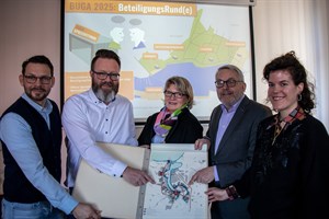 Matthias Horn, Claus Ruhe Madsen, Renate Behrmann, Jochen Sandner und Teresa Trabert mit dem Generalbebauungsplan der Stadt Rostock aus dem Jahr 1975