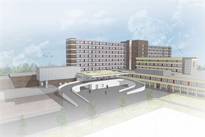 Ansicht der neuen Notaufnahme und Zentralküche (Visualisierung: MHB Architekten + Ingenieure GmbH Rostock)