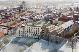 Blick auf die beiden Neubauten für die Rathausweiterung in Rostock: Haus C („Doppelgiebelhaus“, rechts) und Haus D (links daneben) (Visualisierung: MHB Architekten + Ingenieure) Blick auf die beiden Neubauten für die Rathausweiterung in Rostock: Haus C („Doppelgiebelhaus“, rechts) und Haus D (links daneben) (Visualisierung: MHB Architekten + Ingenieure)